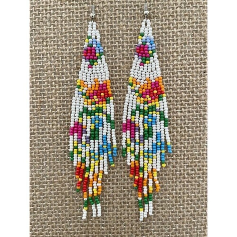 Handmade Miyuki Seed Bead Fringe Dangling Earrings Desert In Bloom White NWT